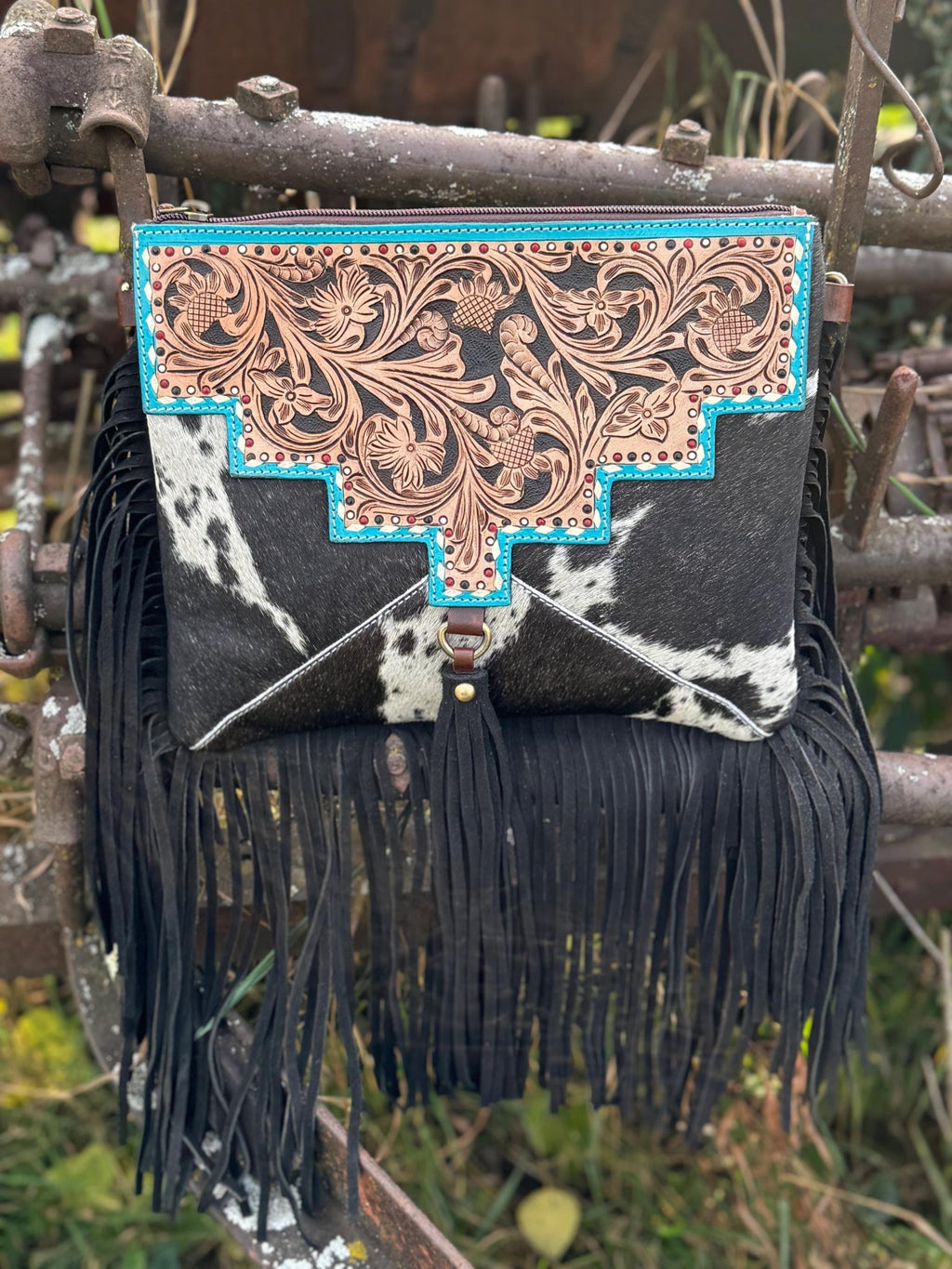 Black and Turquoise Genuine Western Cowhide Leather Purse with fringe by Double B Wild Rags - Rooted & Reckless Co.