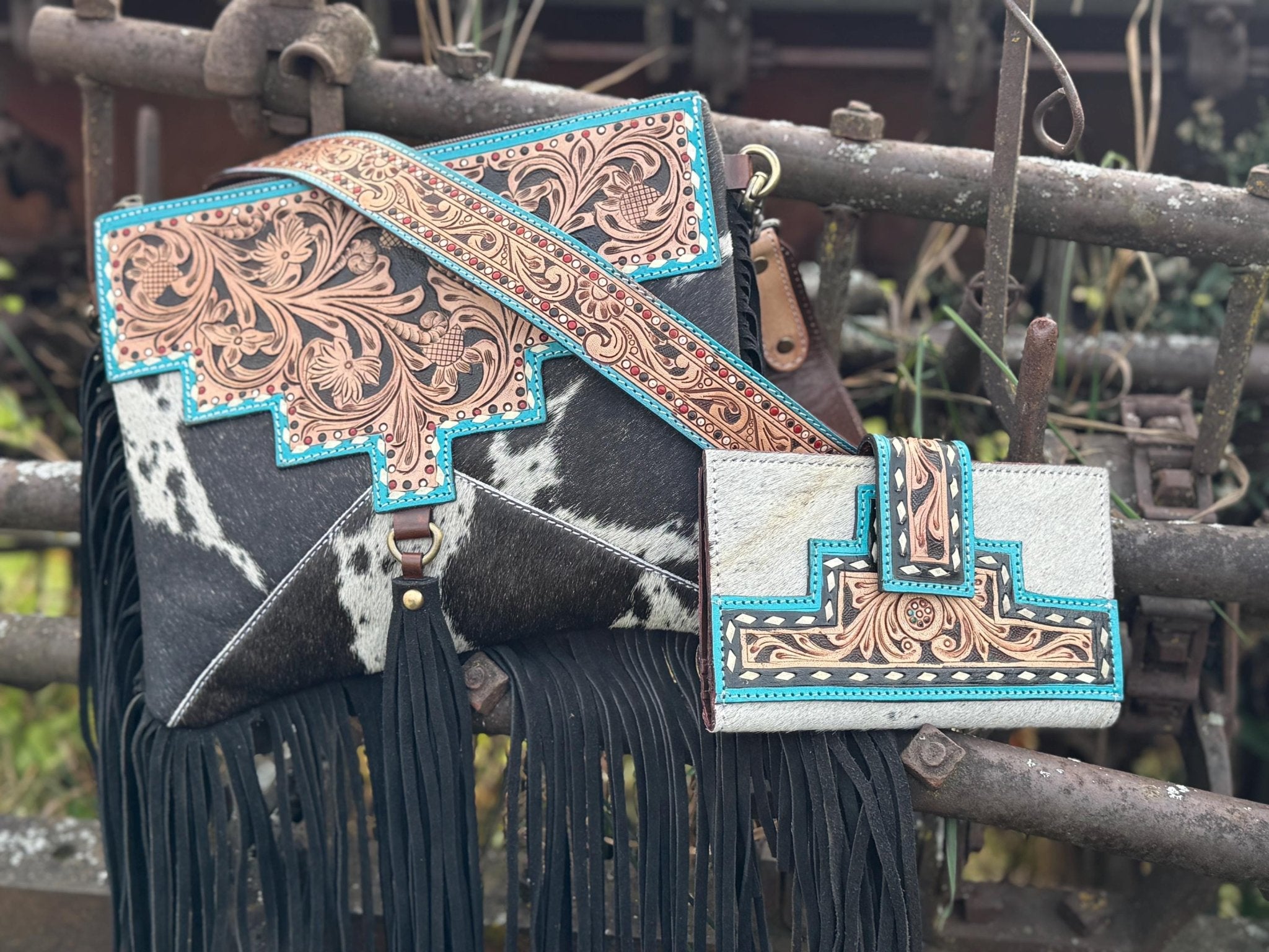Black and Turquoise Genuine Western Cowhide Leather Purse with fringe by Double B Wild Rags - Rooted & Reckless Co.