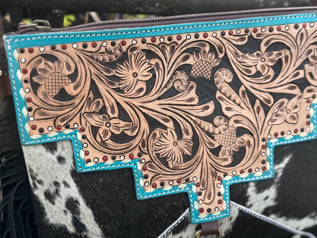 Black and Turquoise Genuine Western Cowhide Leather Purse with fringe by Double B Wild Rags - Rooted & Reckless Co.