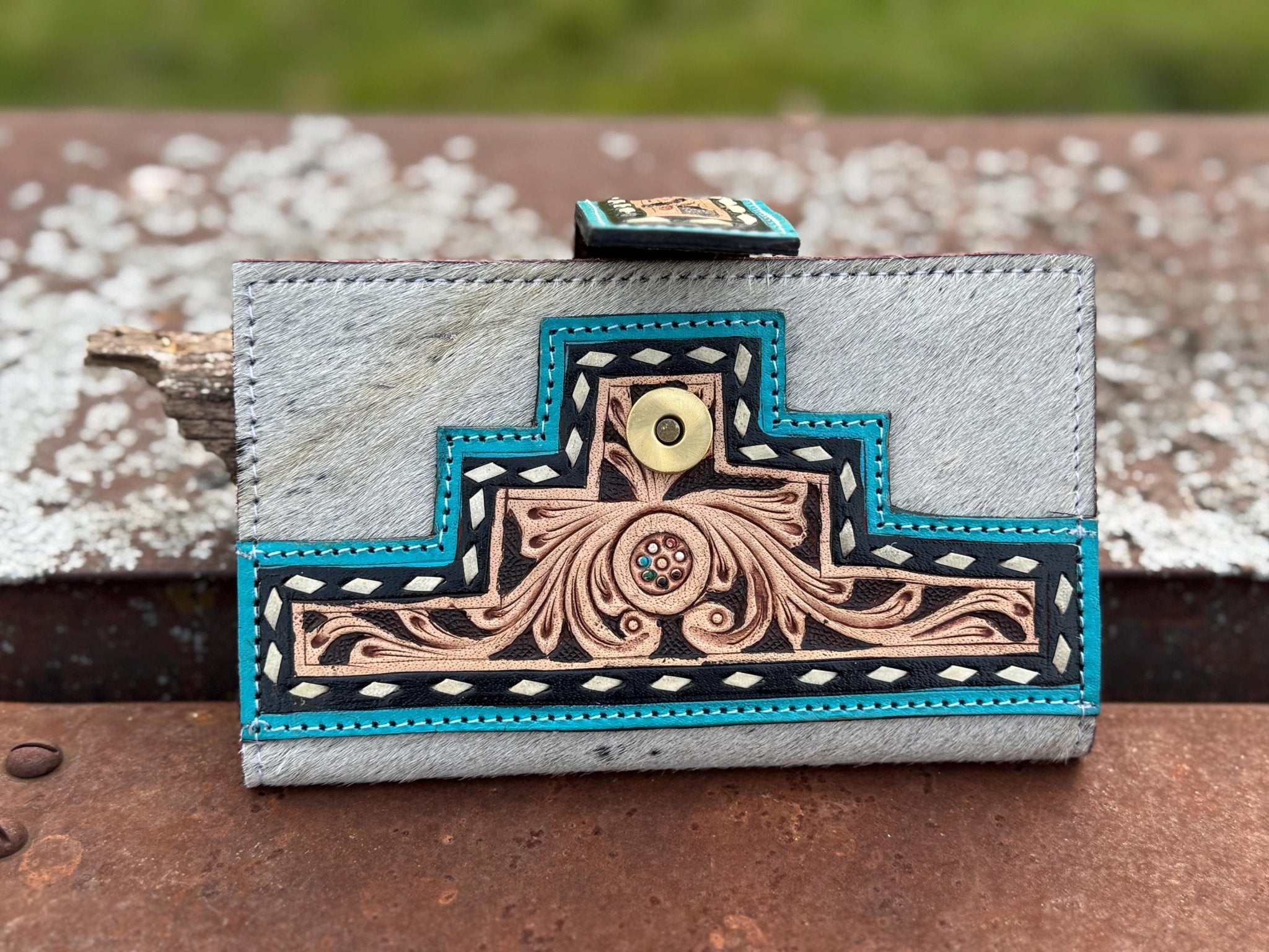 Black and Turquoise Genuine Western Cowhide Leather Purse with fringe by Double B Wild Rags - Rooted & Reckless Co.