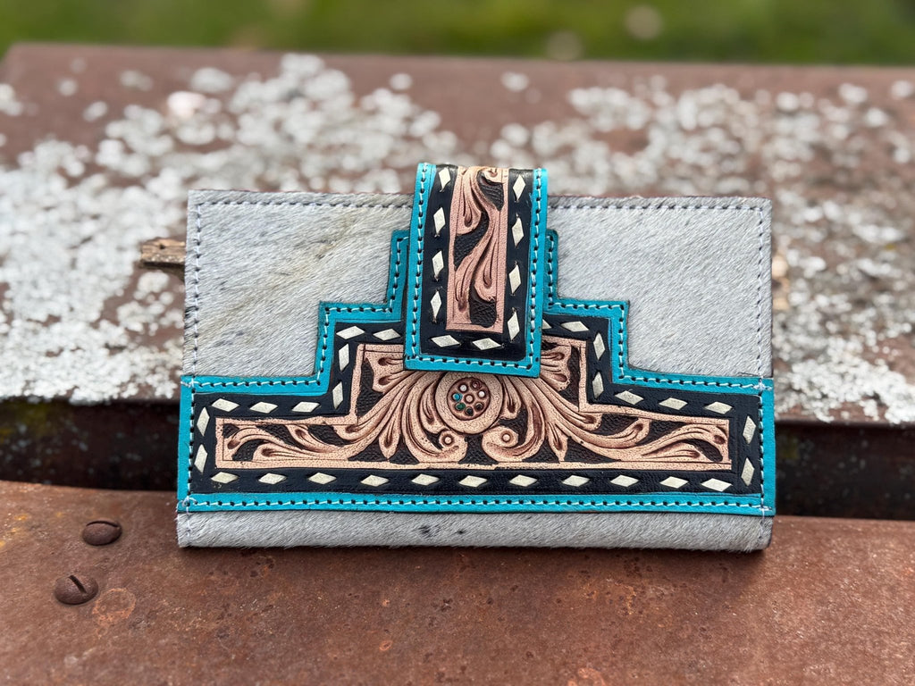 Black and Turquoise Genuine Western Cowhide Leather Purse with fringe by Double B Wild Rags - Rooted & Reckless Co.