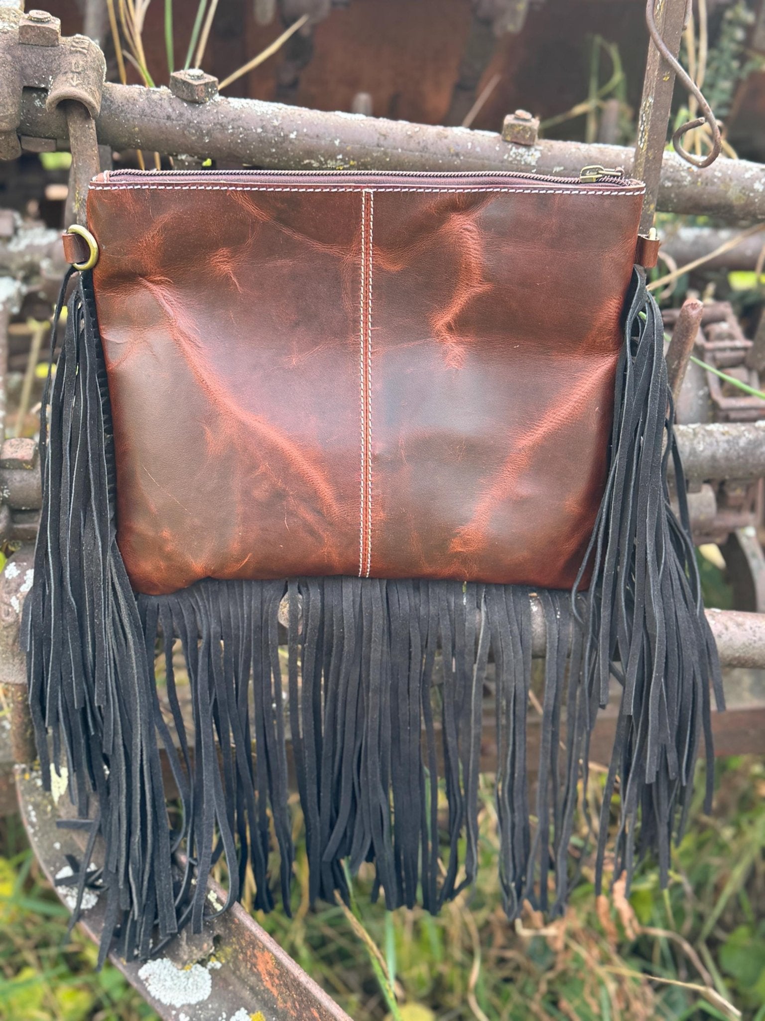 Black and Turquoise Genuine Western Cowhide Leather Purse with fringe by Double B Wild Rags - Rooted & Reckless Co.