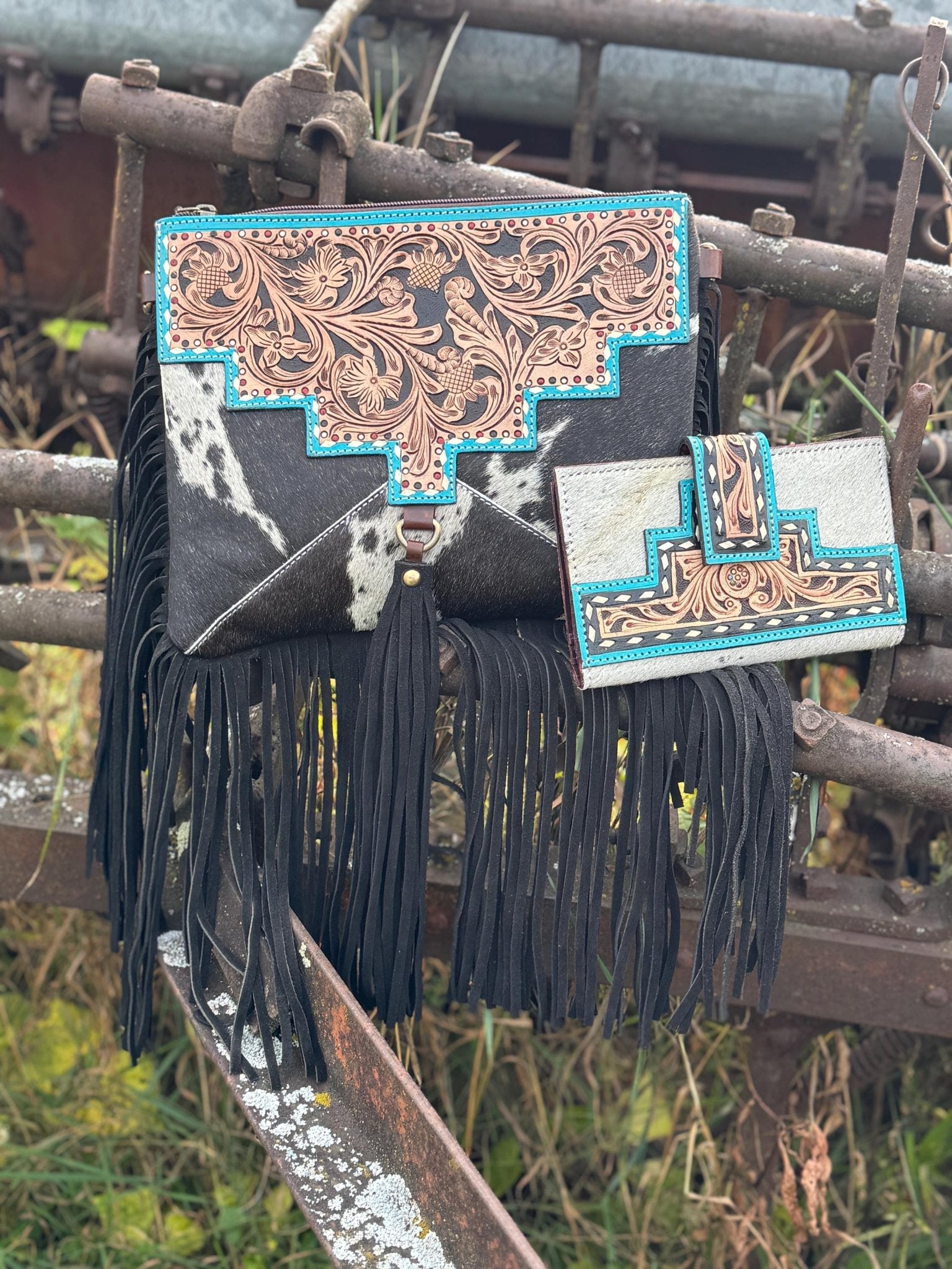 Black and Turquoise Genuine Western Cowhide Leather Purse with fringe by Double B Wild Rags - Rooted & Reckless Co.