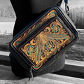 Black and Turquoise Saddle Ridge Tooled Leather Western Crossbody Bag by Double B Wild Rags - Rooted & Reckless Co.