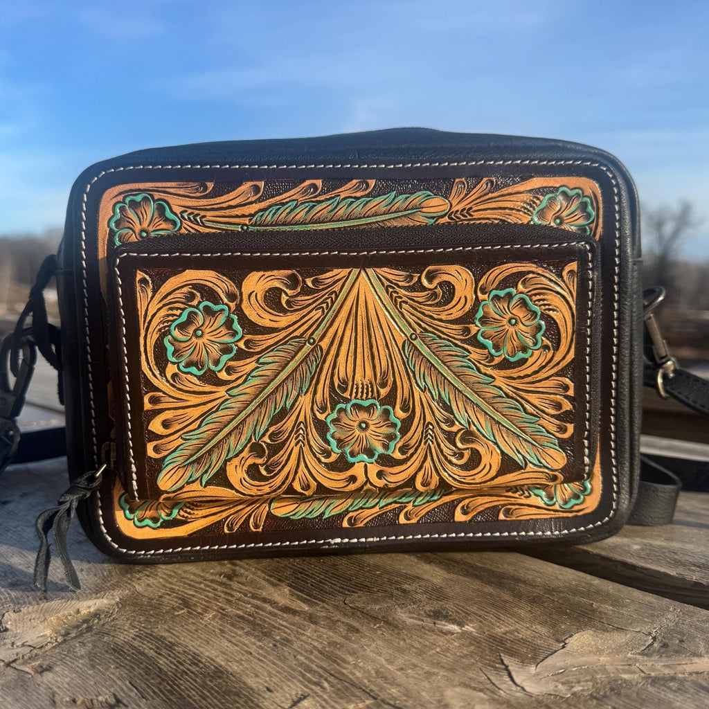 Black and Turquoise Saddle Ridge Tooled Leather Western Crossbody Bag by Double B Wild Rags - Rooted & Reckless Co.