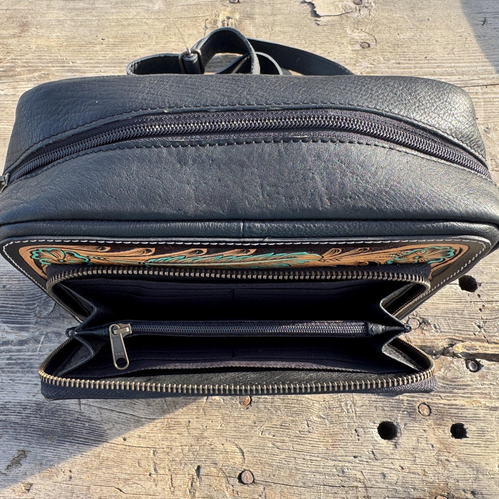Black and Turquoise Saddle Ridge Tooled Leather Western Crossbody Bag by Double B Wild Rags - Rooted & Reckless Co.