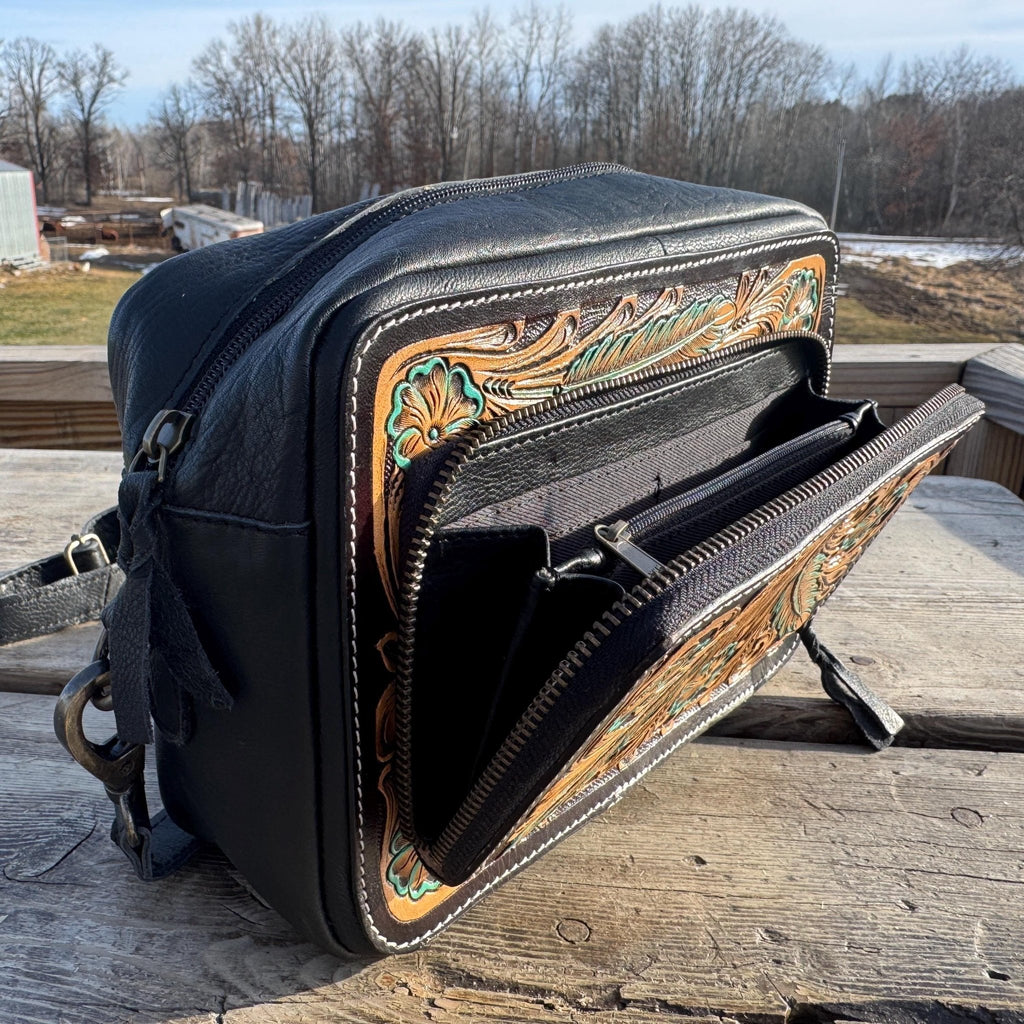 Black and Turquoise Saddle Ridge Tooled Leather Western Crossbody Bag by Double B Wild Rags - Rooted & Reckless Co.