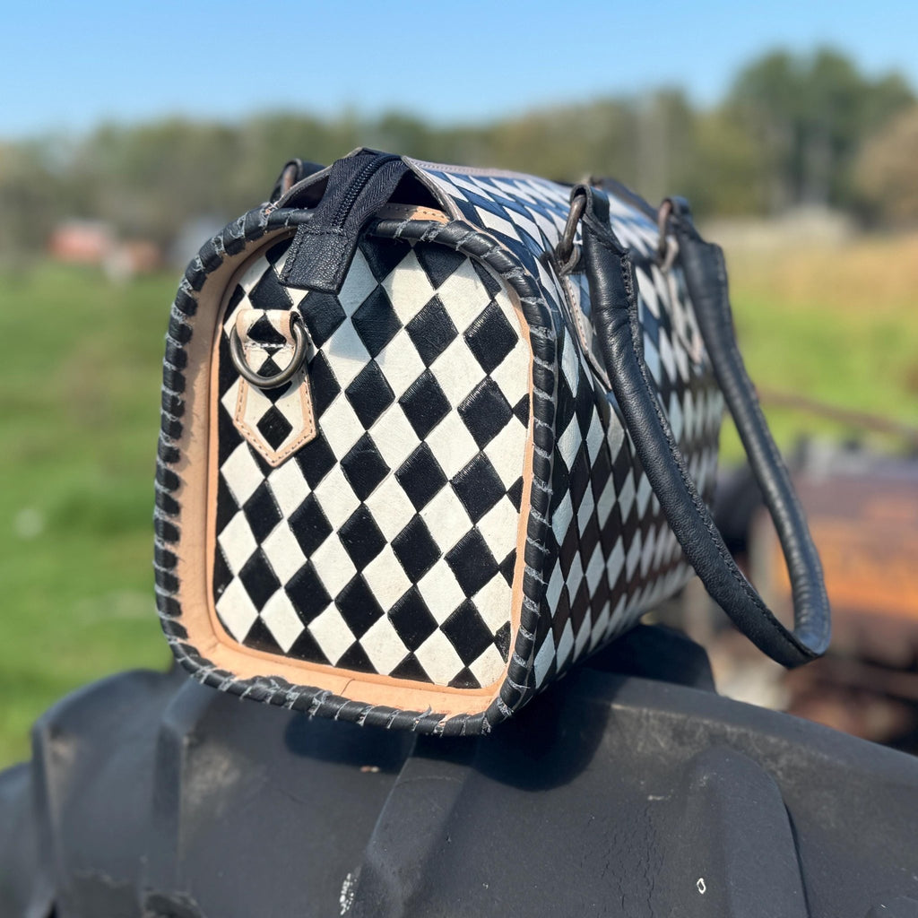 Black and White Speedy Checkered Genuine Western Cowhide Leather Purse - Rooted & Reckless Co.