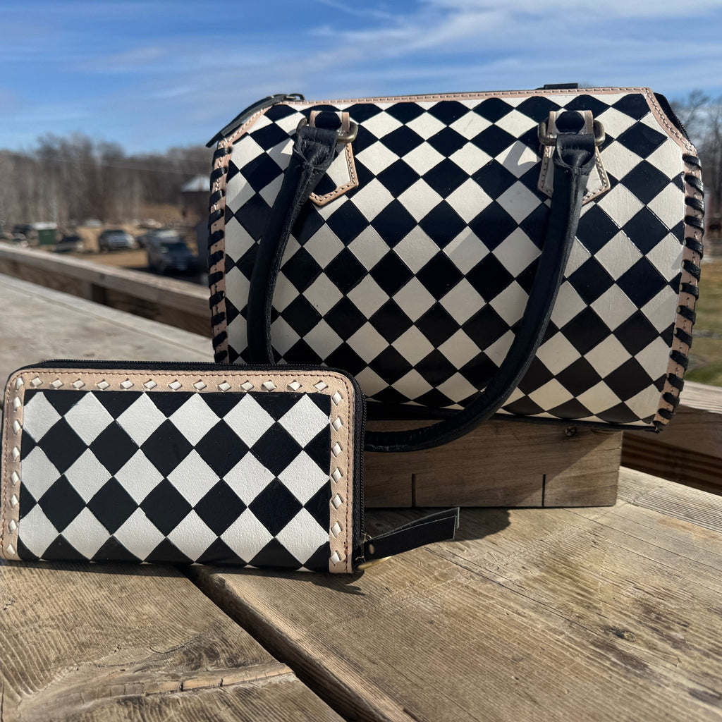 Black and White Speedy Checkered Genuine Western Cowhide Leather Purse - Rooted & Reckless Co.