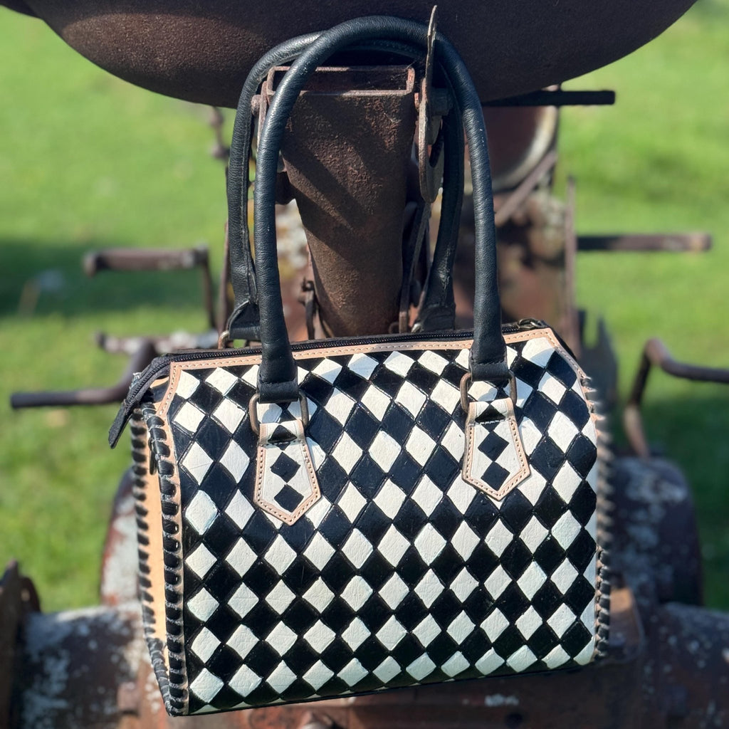 Black and White Speedy Checkered Genuine Western Cowhide Leather Purse - Rooted & Reckless Co.