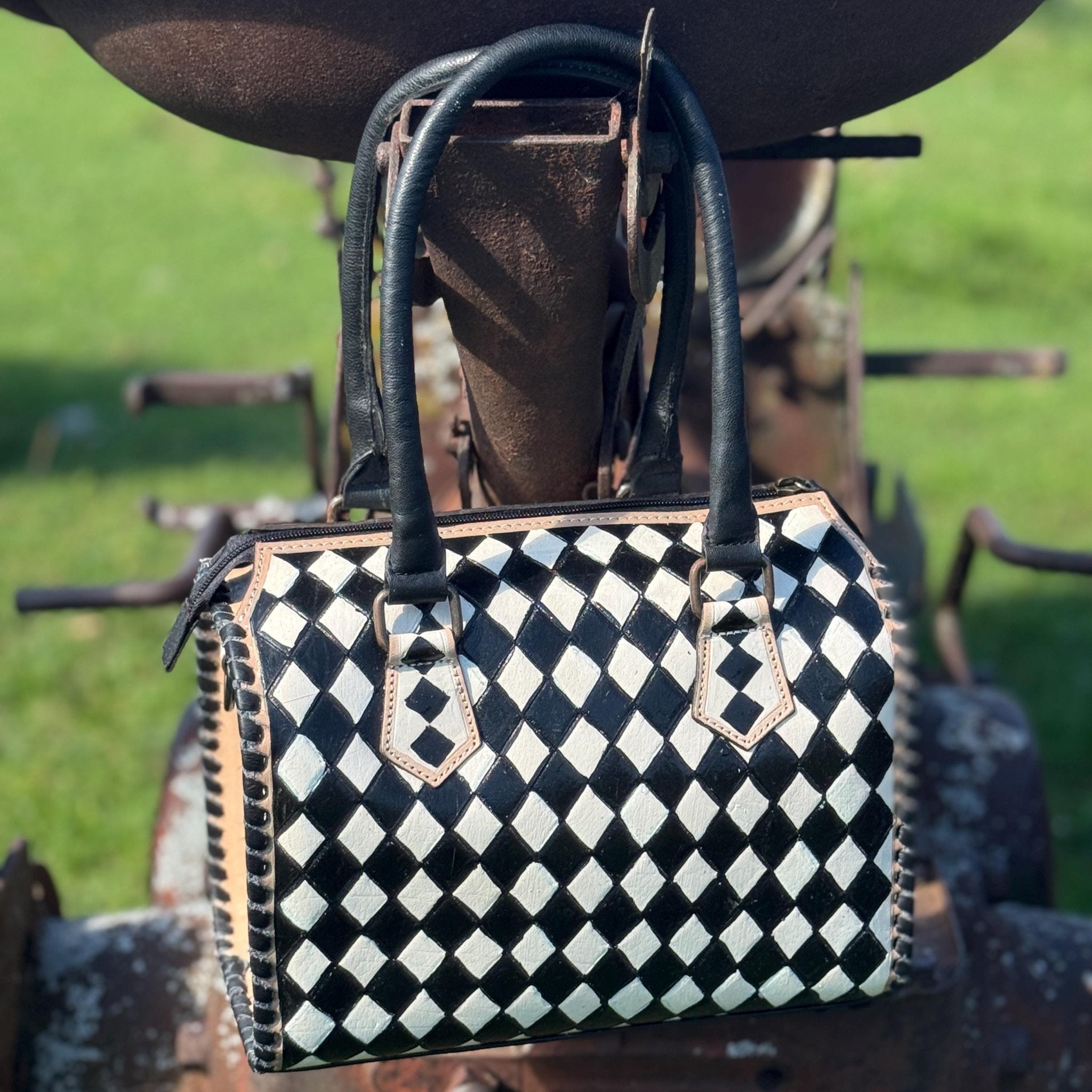 Black and White Speedy Checkered Genuine Western Cowhide Leather Purse - Rooted & Reckless Co.