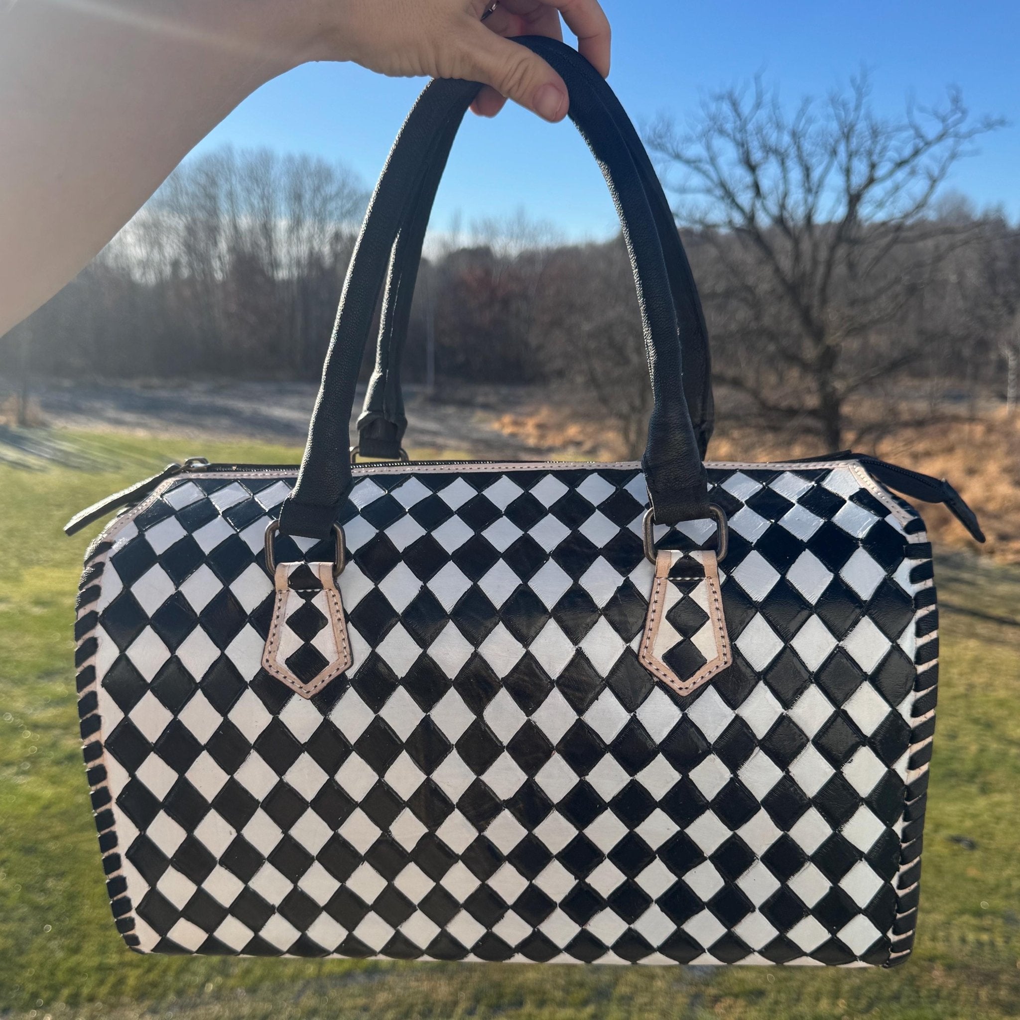 Black and White Speedy Checkered Genuine Western Cowhide Leather Purse - Rooted & Reckless Co.