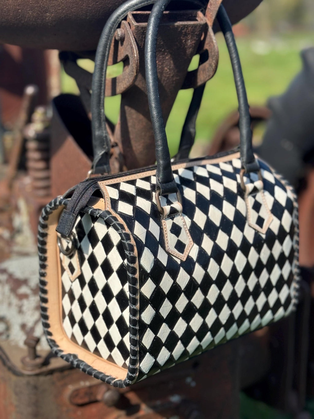 Black and White Speedy Checkered Genuine Western Cowhide Leather Purse - Rooted & Reckless Co.