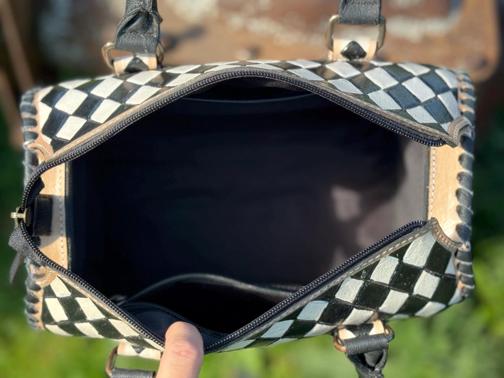 Black and White Speedy Checkered Genuine Western Cowhide Leather Purse - Rooted & Reckless Co.