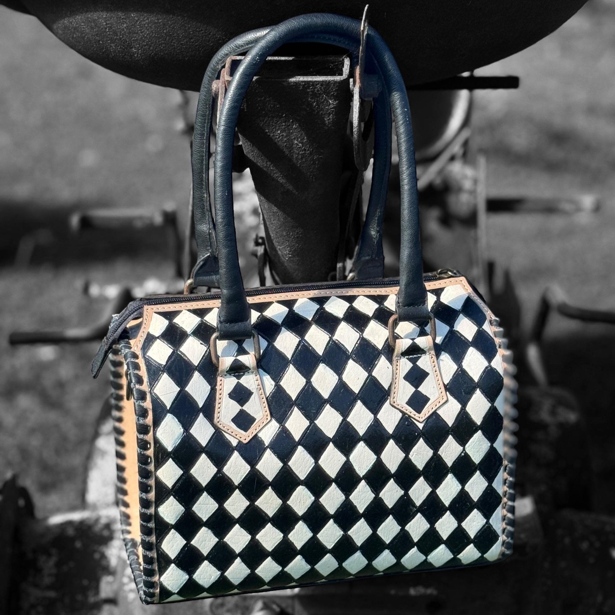 Black and White Speedy Checkered Genuine Western Cowhide Leather Purse - Rooted & Reckless Co.