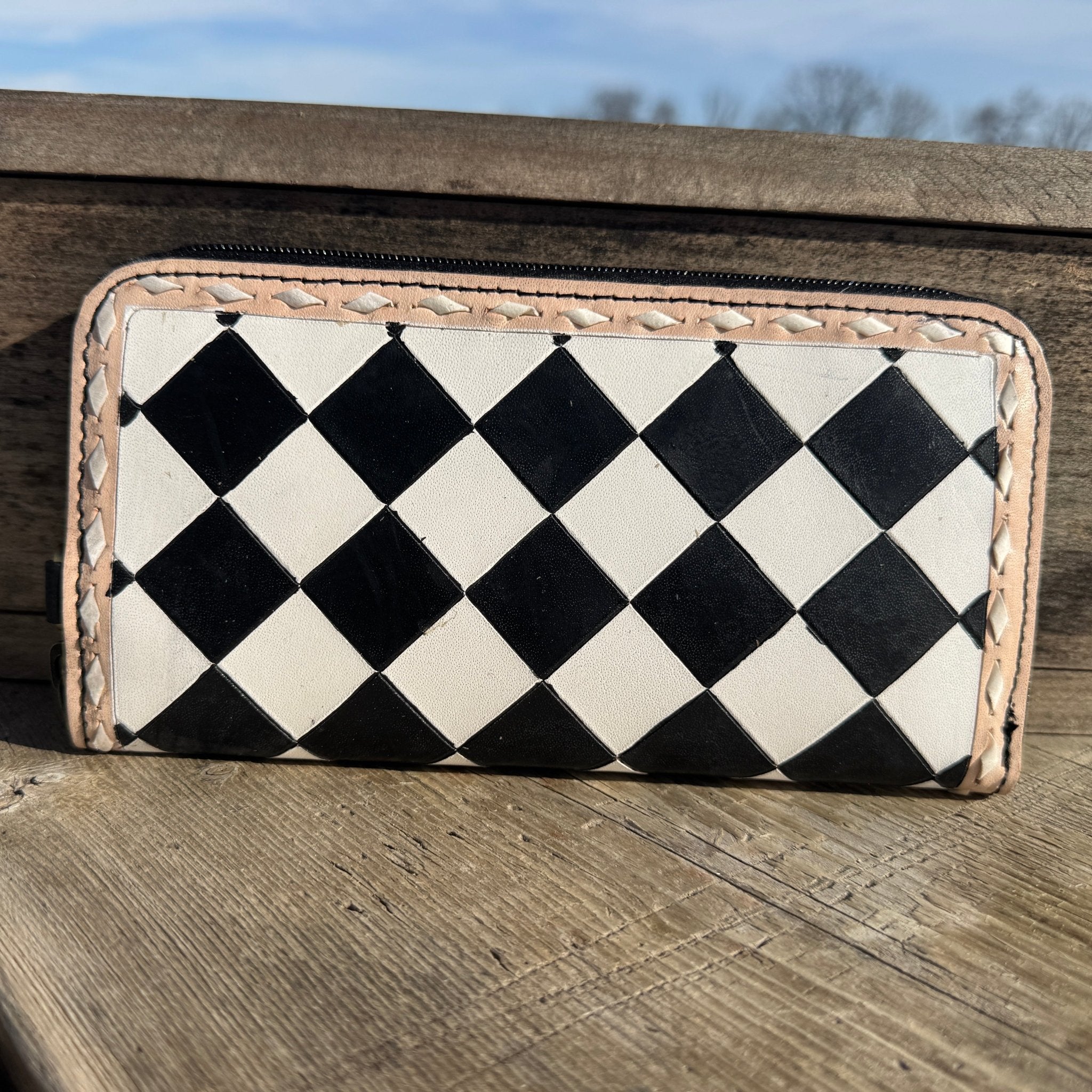 Black and White Speedy Checkered Genuine Western Cowhide Leather Purse - Rooted & Reckless Co.