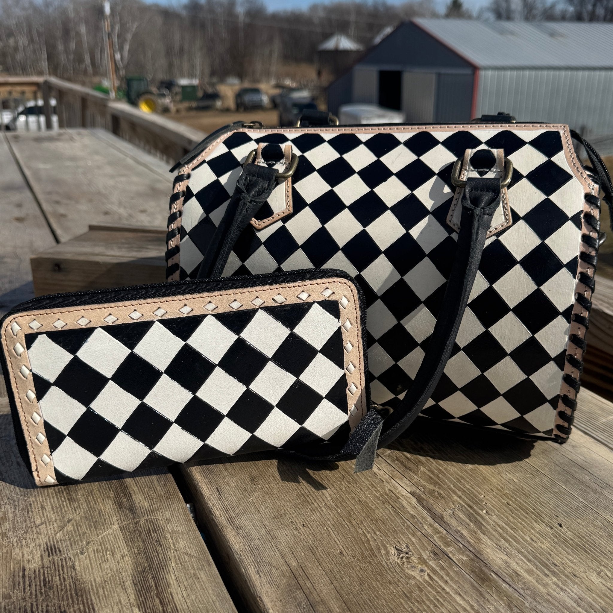 Black and White Speedy Checkered Genuine Western Cowhide Leather Purse - Rooted & Reckless Co.