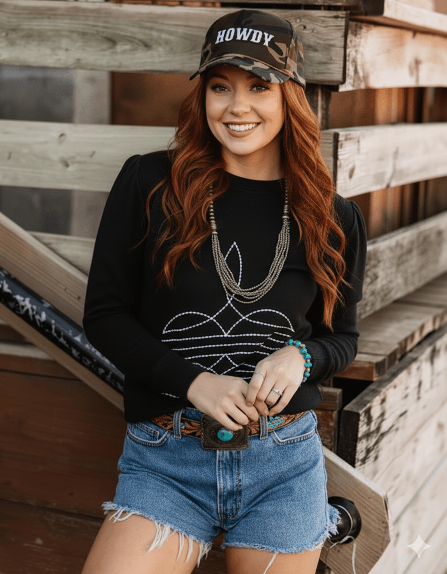 Black Boot Stitch Graphic Sweatshirt - Rooted & Reckless Co.