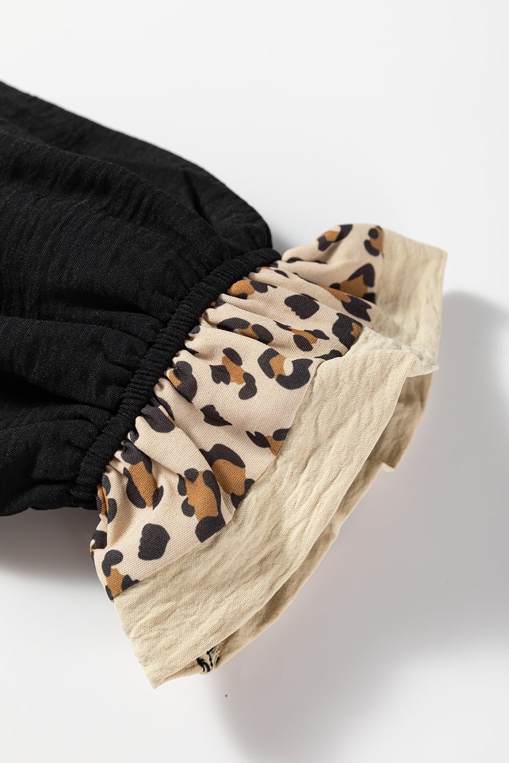 Black Contrast Leopard Print Patchwork Polo Collar Buttons Front Ruffled Long Sleeve Blouse - Rooted & Reckless Co.
