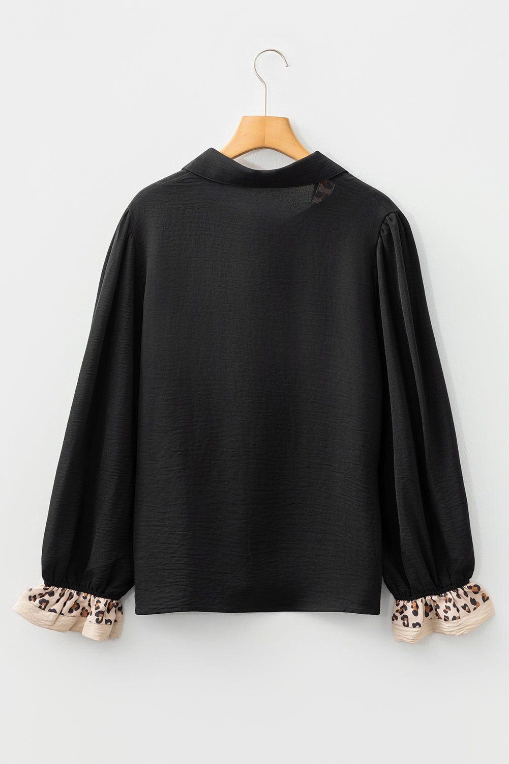 Black Contrast Leopard Print Patchwork Polo Collar Buttons Front Ruffled Long Sleeve Blouse - Rooted & Reckless Co.