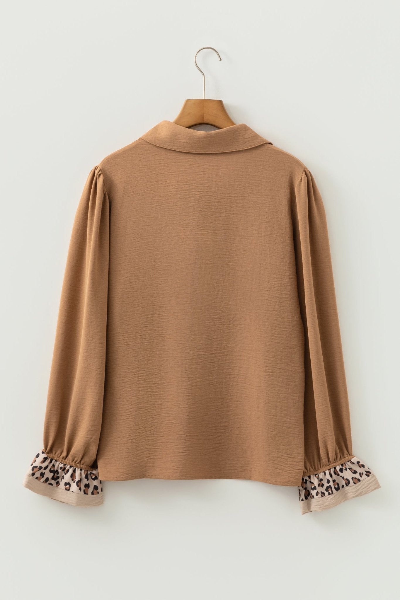 Black Contrast Leopard Print Patchwork Polo Collar Buttons Front Ruffled Long Sleeve Blouse - Rooted & Reckless Co.