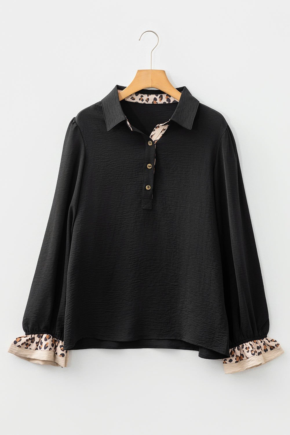 Black Contrast Leopard Print Patchwork Polo Collar Buttons Front Ruffled Long Sleeve Blouse - Rooted & Reckless Co.