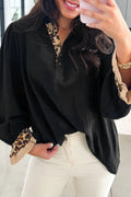 Black Contrast Leopard Print Patchwork Polo Collar Buttons Front Ruffled Long Sleeve Blouse - Rooted & Reckless Co.