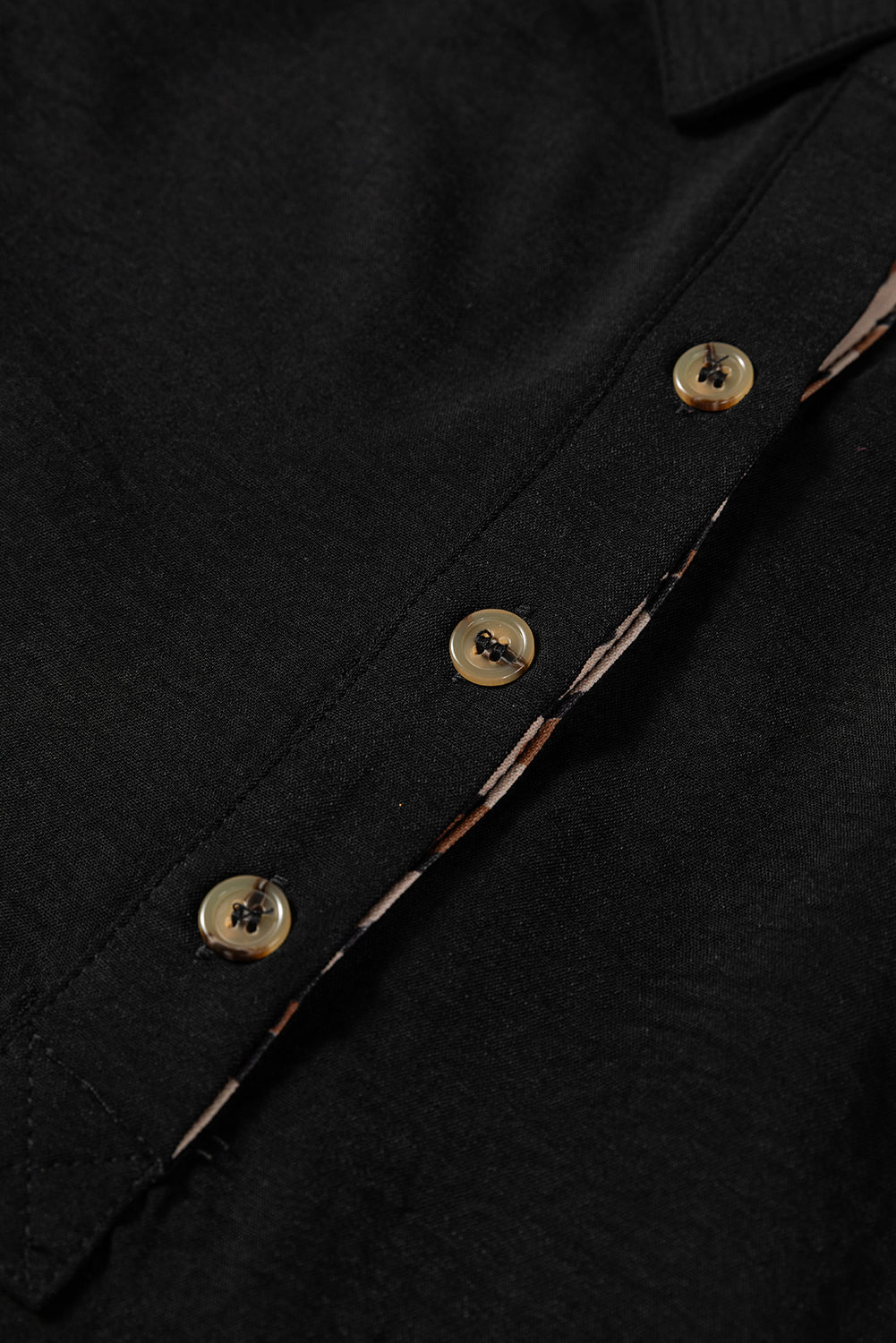 Black Contrast Leopard Print Patchwork Polo Collar Buttons Front Ruffled Long Sleeve Blouse - Rooted & Reckless Co.