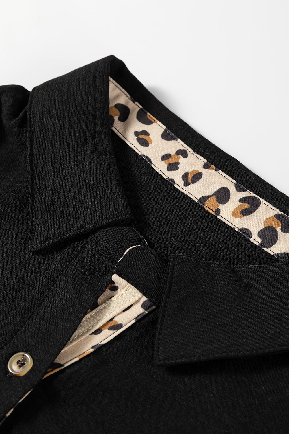 Black Contrast Leopard Print Patchwork Polo Collar Buttons Front Ruffled Long Sleeve Blouse - Rooted & Reckless Co.