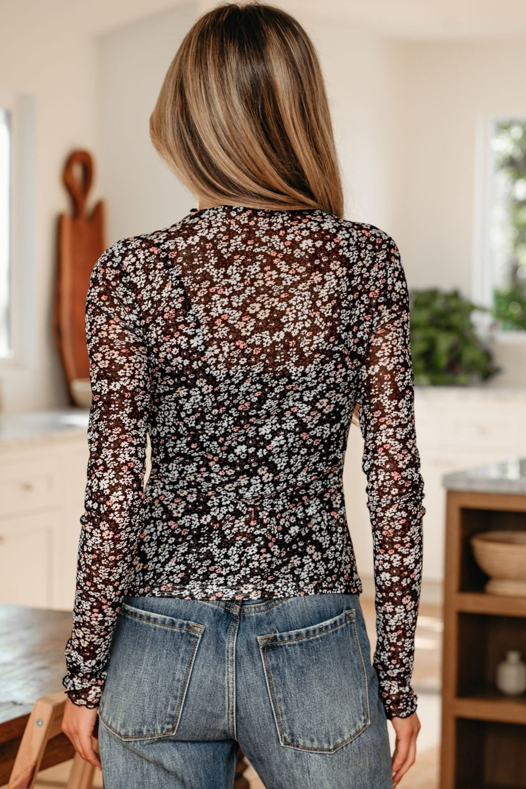 Black Ditsy Floral Mesh Thumbhole Sleeve Slim Fit Top - Rooted & Reckless Co.