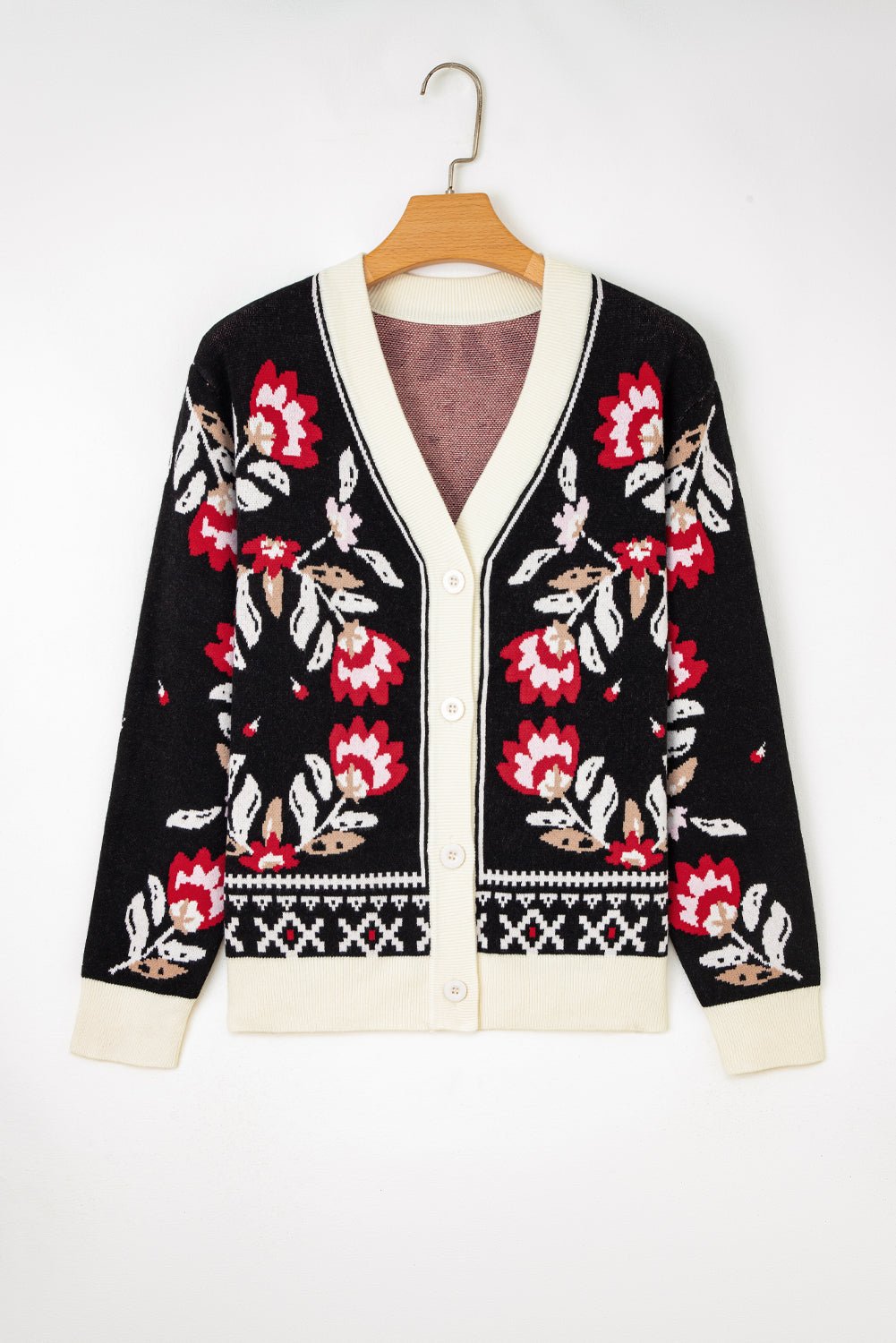 Black Floral Print Buttoned Front V Neck Knit Cardigan - Rooted & Reckless Co.
