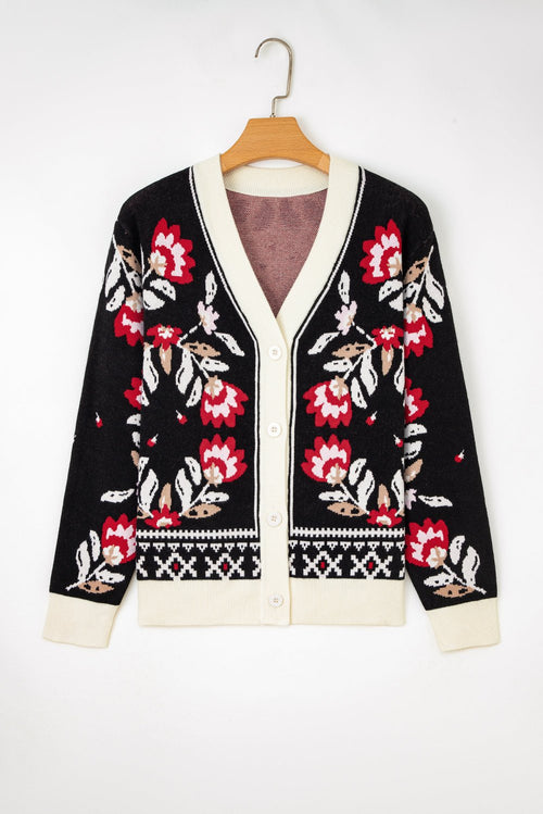Black Floral Print Buttoned Front V Neck Knit Cardigan - Rooted & Reckless Co.