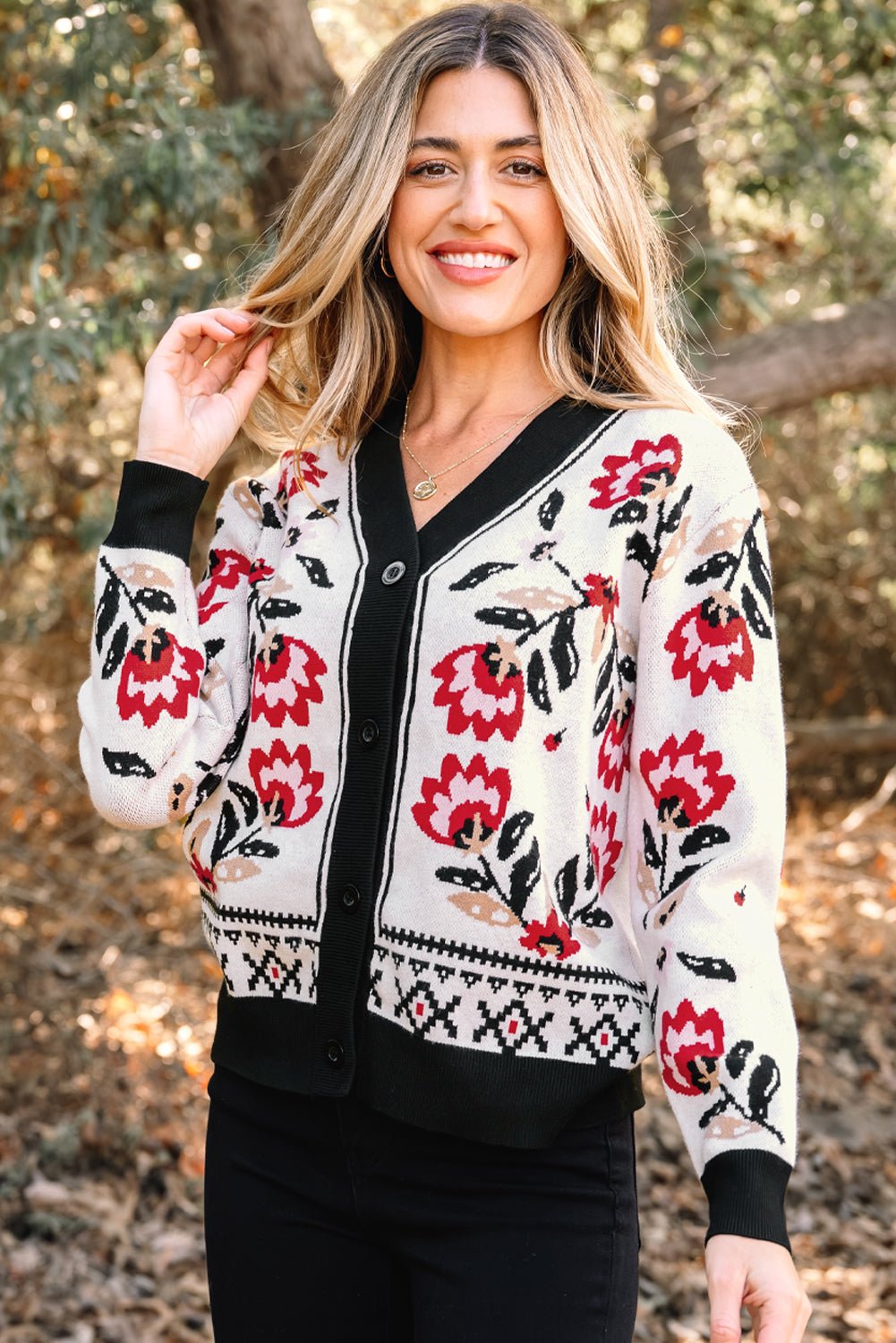 Black Floral Print Buttoned Front V Neck Knit Cardigan - Rooted & Reckless Co.