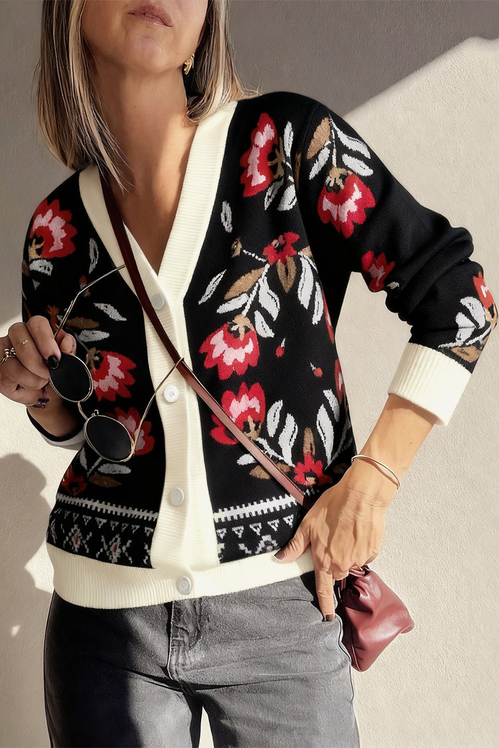 Black Floral Print Buttoned Front V Neck Knit Cardigan - Rooted & Reckless Co.