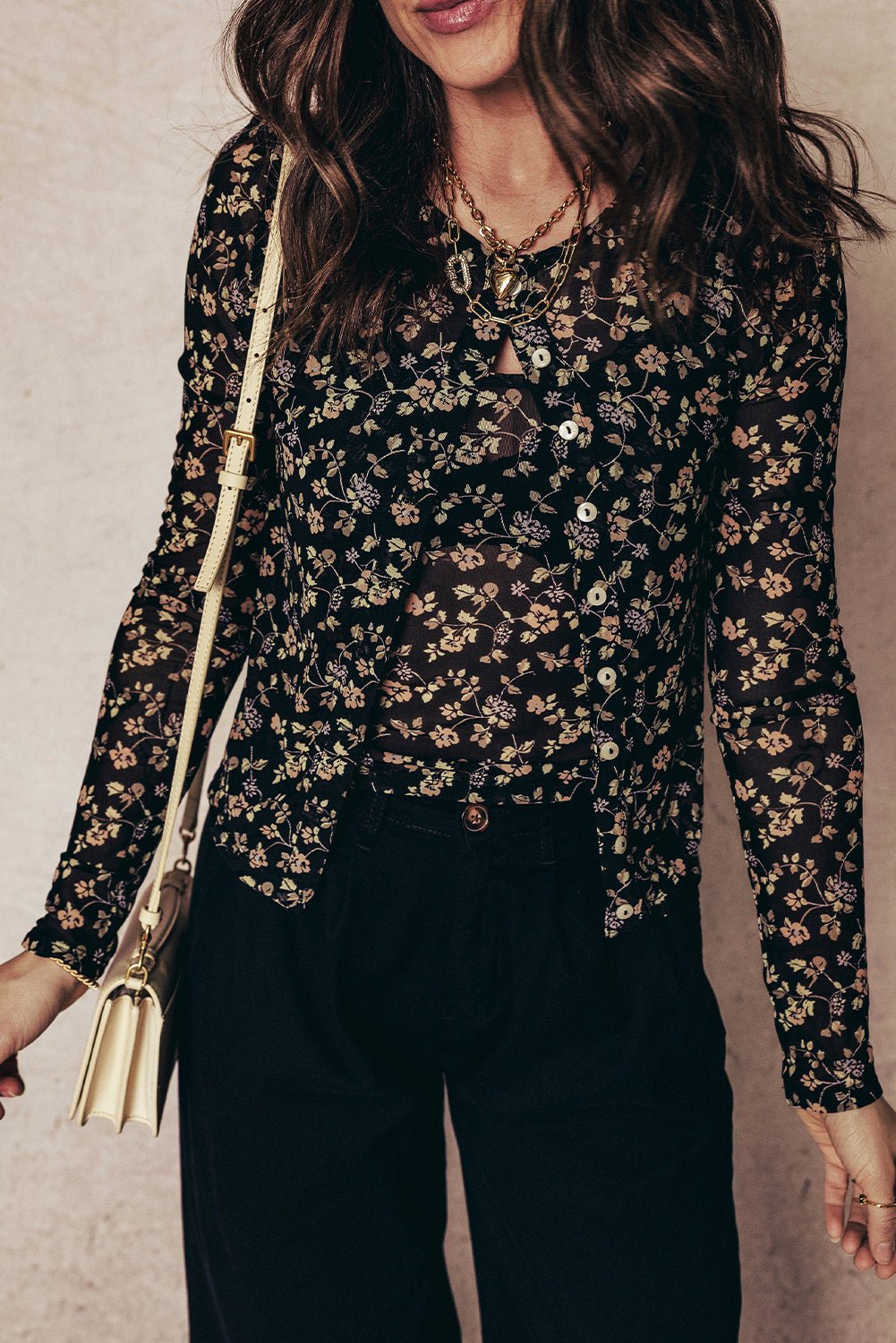 Black Floral Print Mesh Tank Button Front Slim Cardigan 2pcs Set - Rooted & Reckless Co.