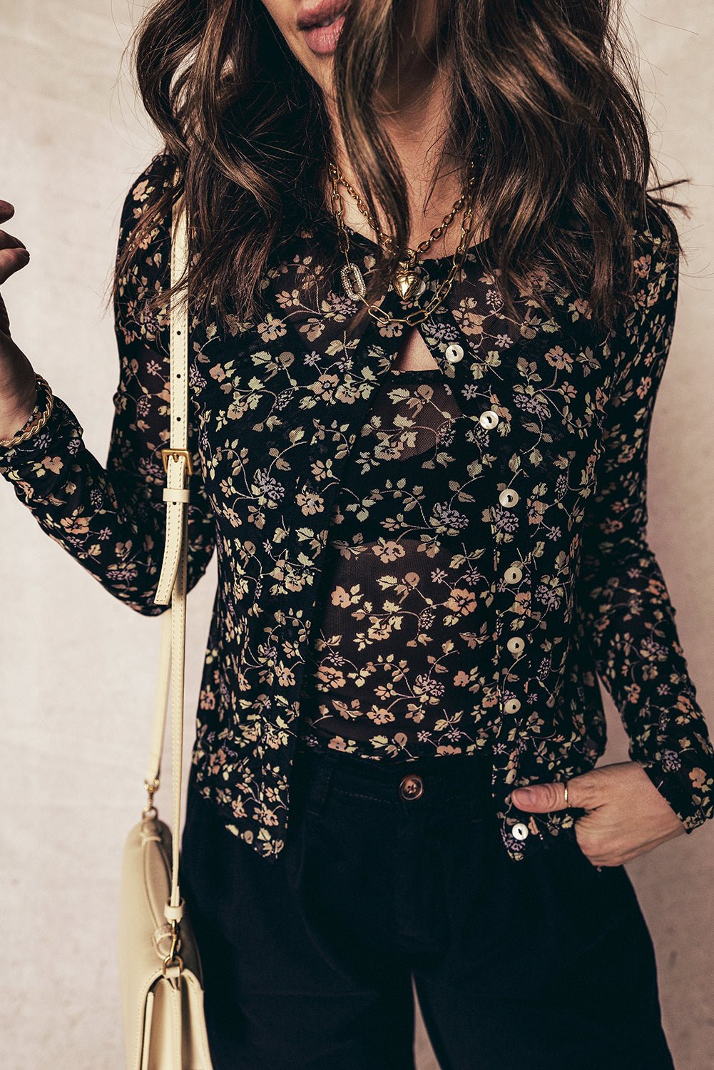 Black Floral Print Mesh Tank Button Front Slim Cardigan 2pcs Set - Rooted & Reckless Co.