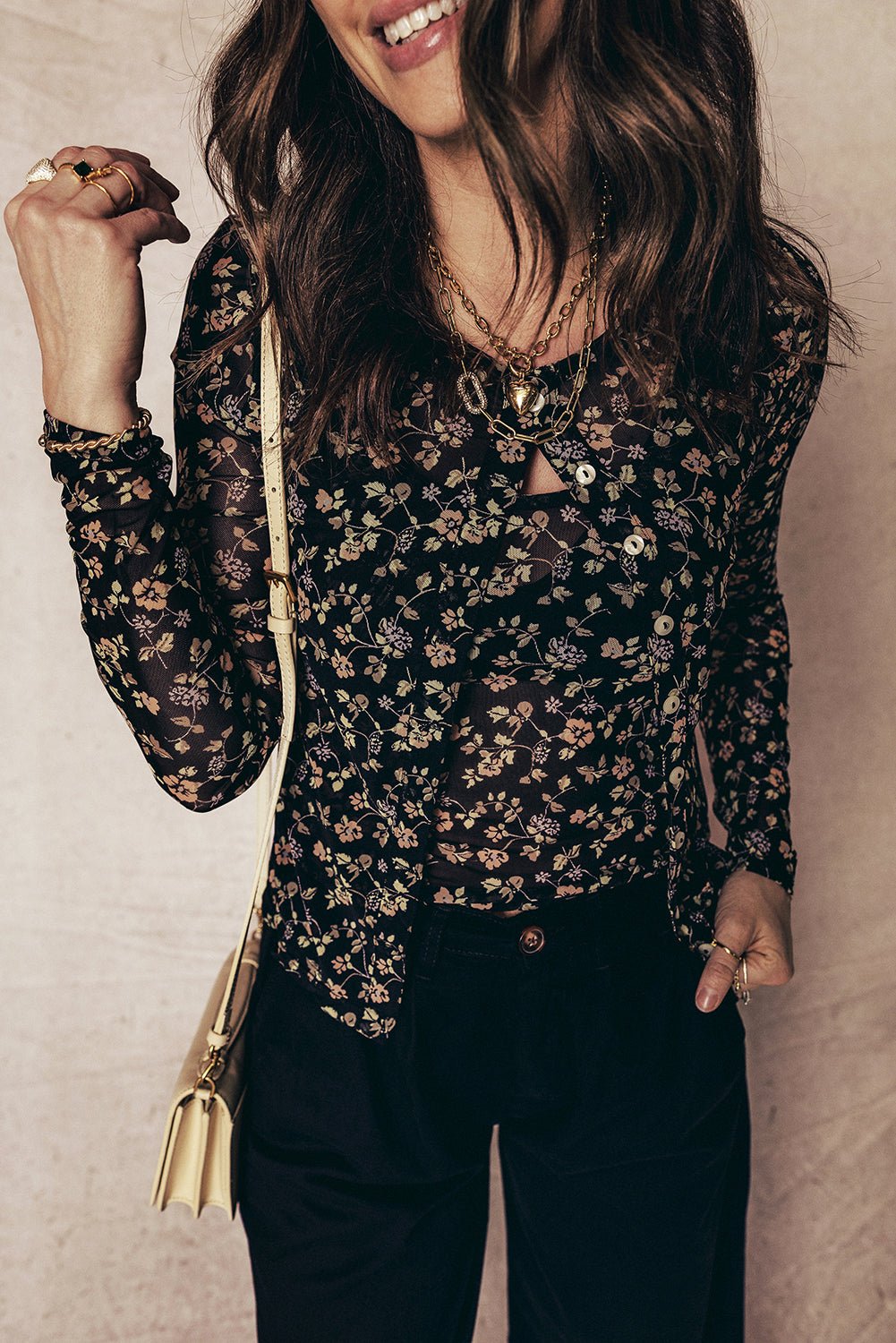 Black Floral Print Mesh Tank Button Front Slim Cardigan 2pcs Set - Rooted & Reckless Co.
