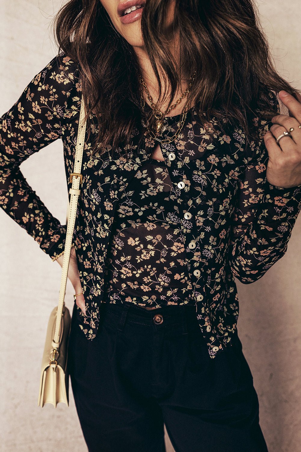 Black Floral Print Mesh Tank Button Front Slim Cardigan 2pcs Set - Rooted & Reckless Co.