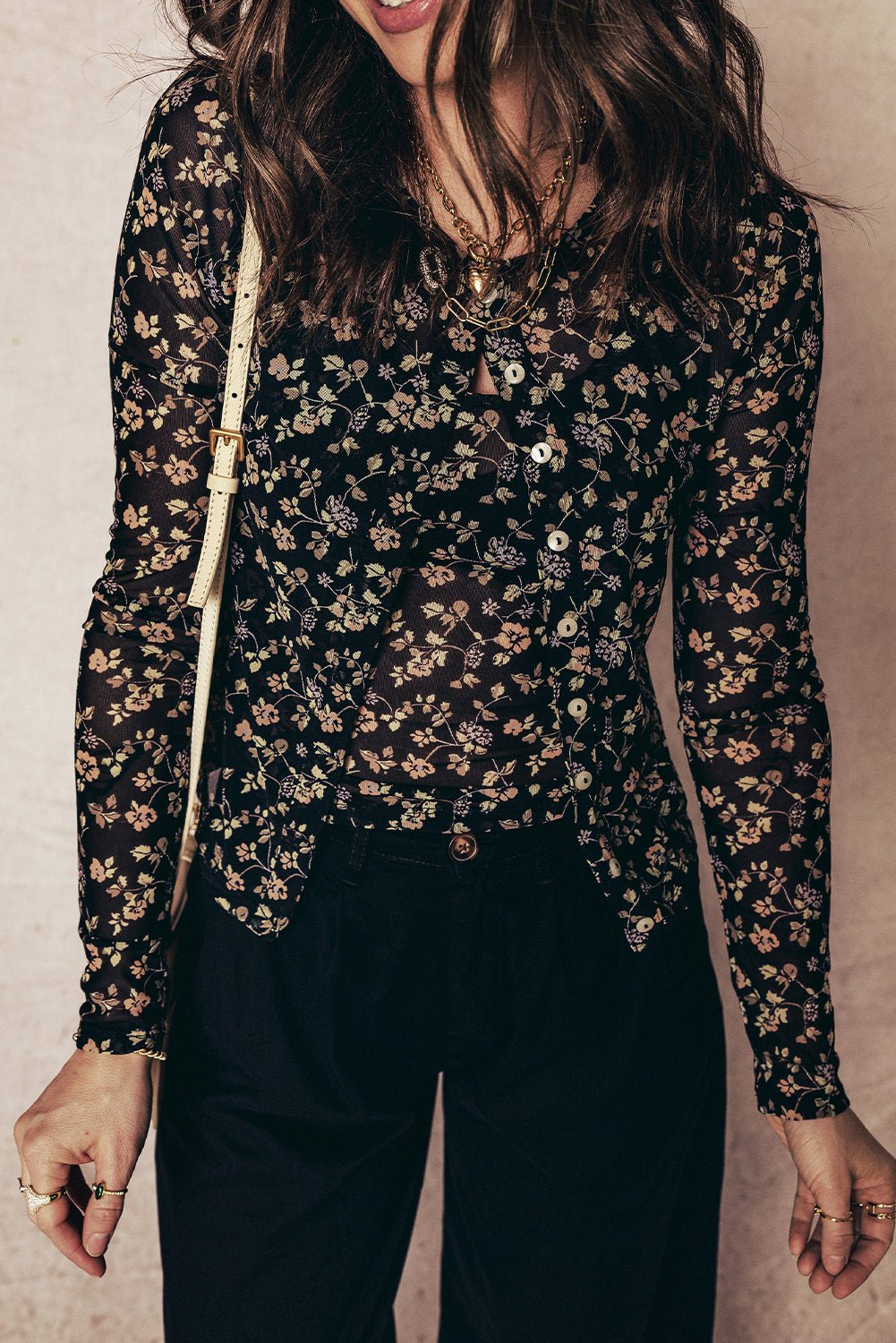 Black Floral Print Mesh Tank Button Front Slim Cardigan 2pcs Set - Rooted & Reckless Co.