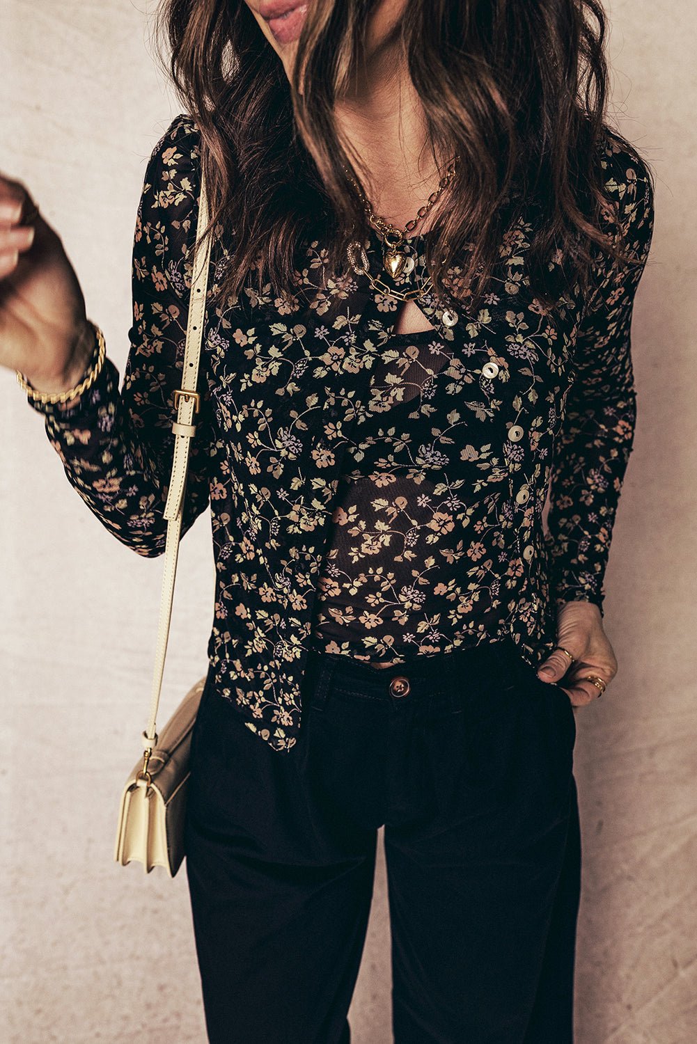 Black Floral Print Mesh Tank Button Front Slim Cardigan 2pcs Set - Rooted & Reckless Co.