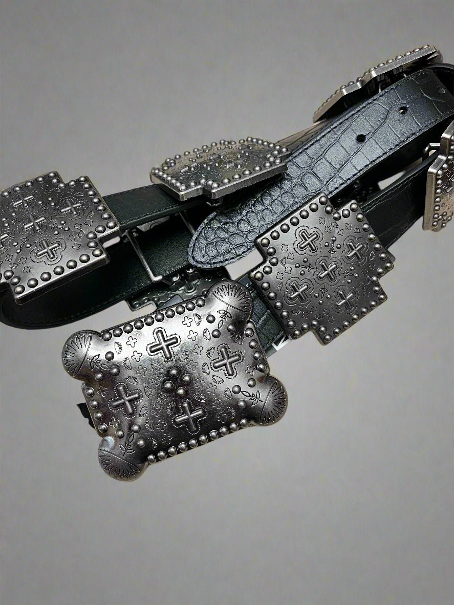 Black Gator Genuine Leather Western Belt — Cross Concho Detail - Rooted & Reckless Co.