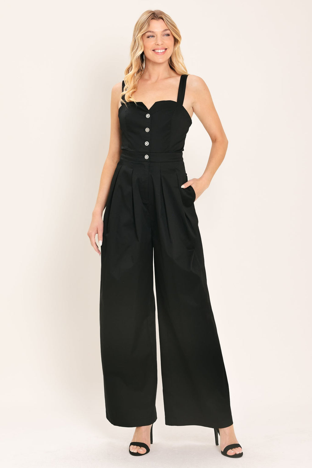BLACK TIE ROMANCE WOVEN JUMPSUIT - Rooted & Reckless Co.