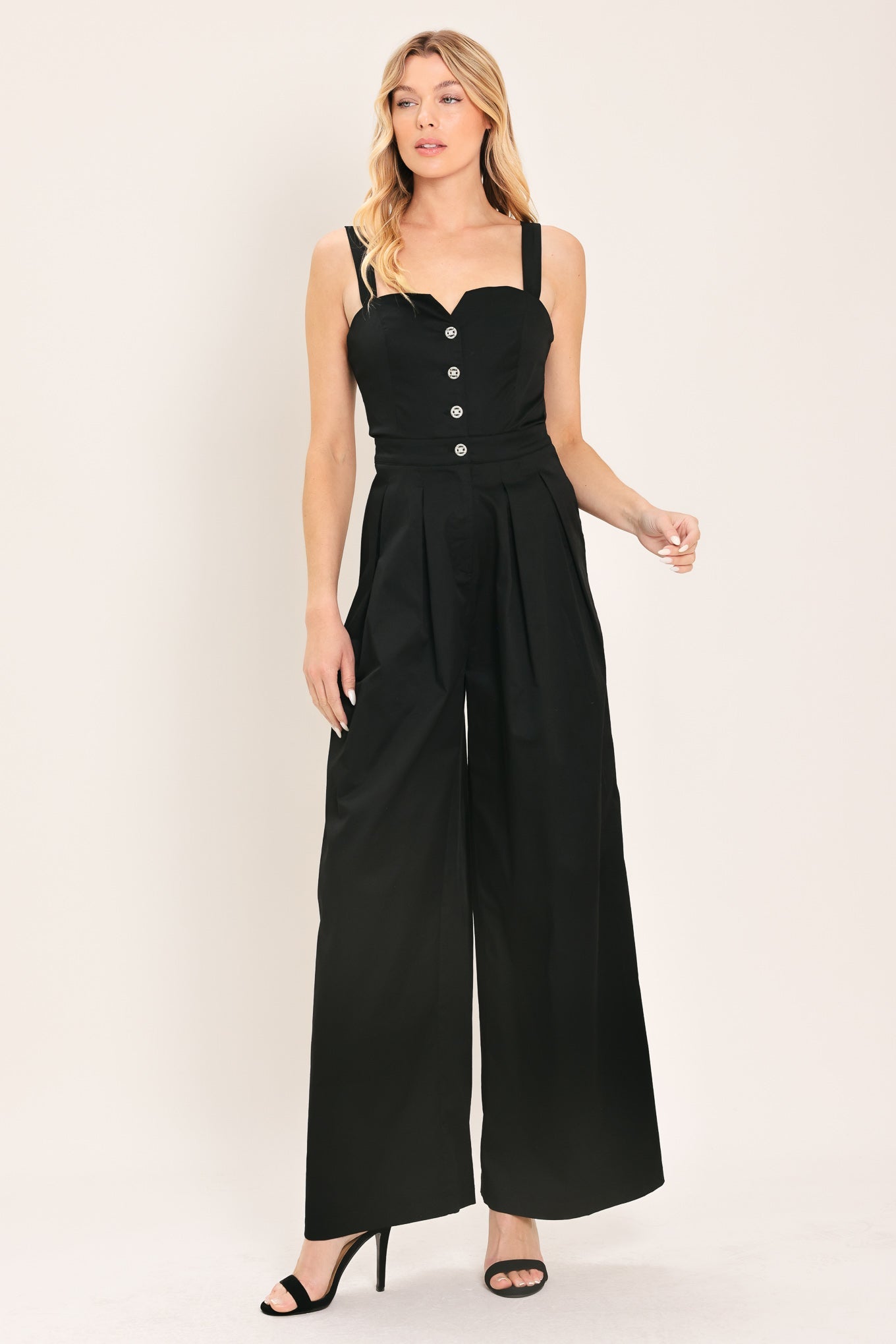 BLACK TIE ROMANCE WOVEN JUMPSUIT - Rooted & Reckless Co.
