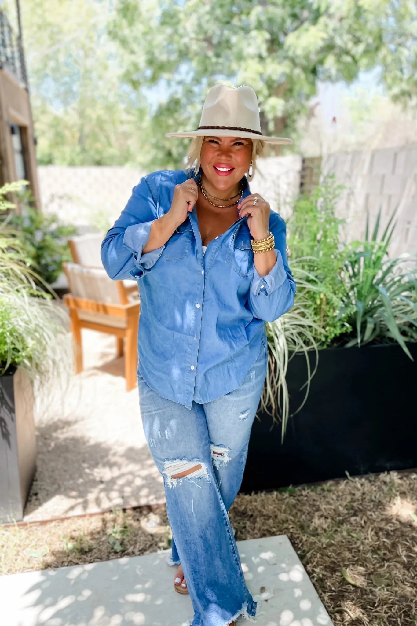 Blakeley "Dakota" Chambray Denim Western Top — Lightweight Breathable with Functional Buttons (Extra small remaining) - Rooted & Reckless Co.