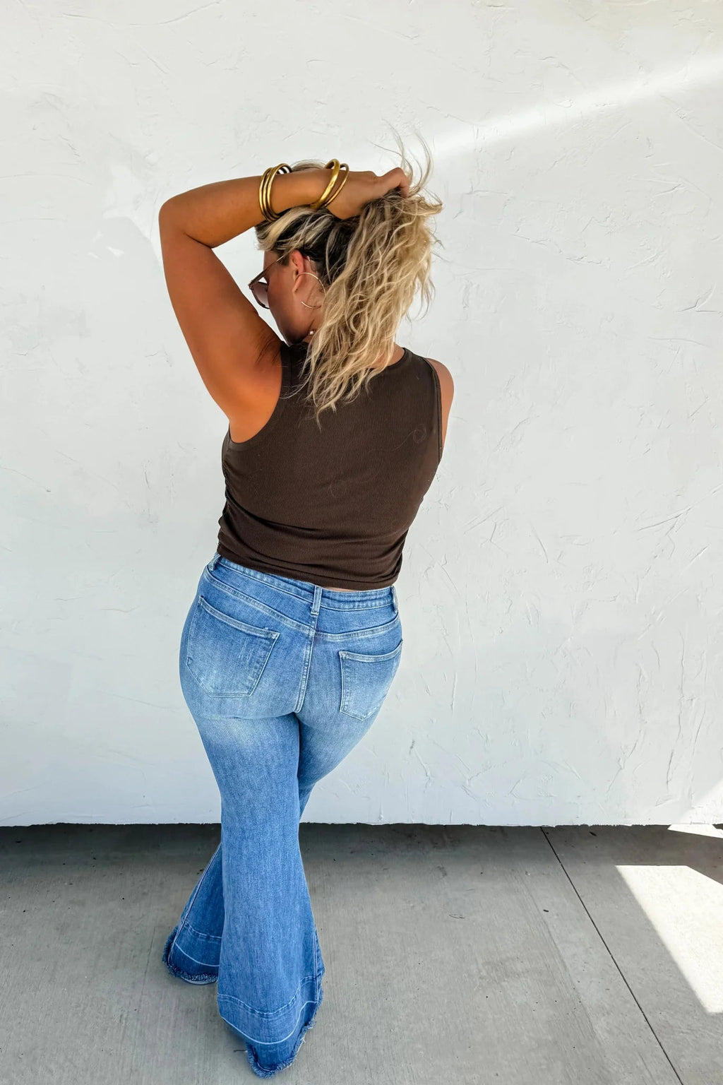 Blakeley "Romi" Medium Wash Tummy Control Panel Western Flare Jeans — Non-Distressed with Raw Shadow Hem (Size 9 and 13 available) - Rooted & Reckless Co.