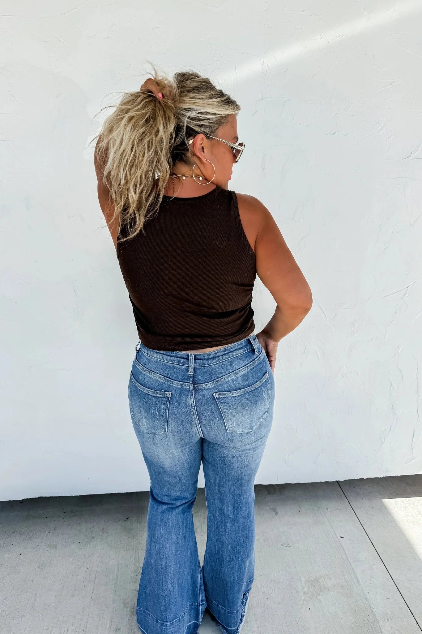 Blakeley "Romi" Medium Wash Tummy Control Panel Western Flare Jeans — Non-Distressed with Raw Shadow Hem (Size 9 and 13 available) - Rooted & Reckless Co.