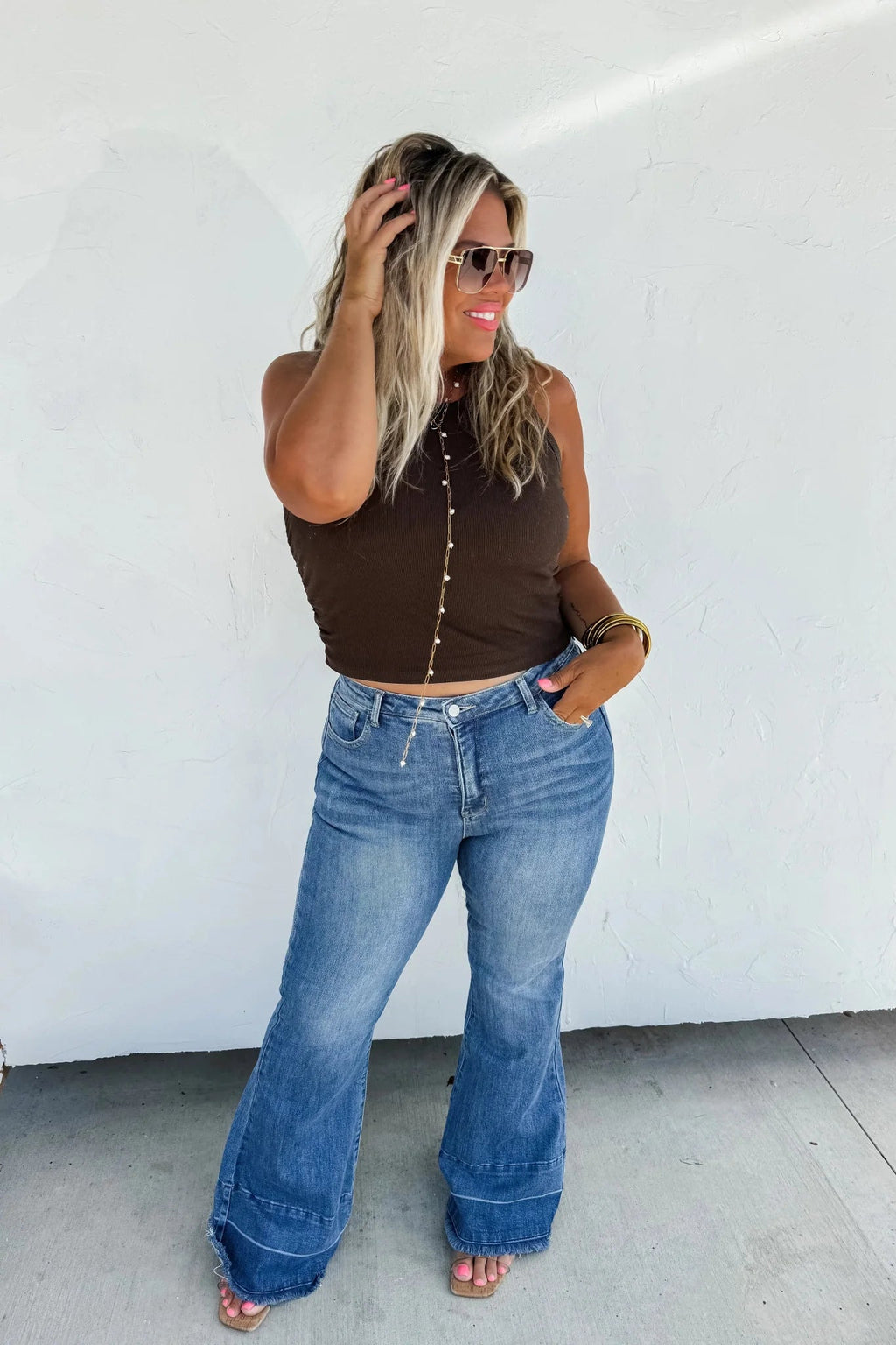 Blakeley "Romi" Medium Wash Tummy Control Panel Western Flare Jeans — Non-Distressed with Raw Shadow Hem (Size 9 and 13 available) - Rooted & Reckless Co.