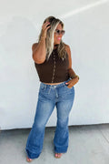 Blakeley "Romi" Medium Wash Tummy Control Panel Western Flare Jeans — Non-Distressed with Raw Shadow Hem (Size 9 and 13 available) - Rooted & Reckless Co.