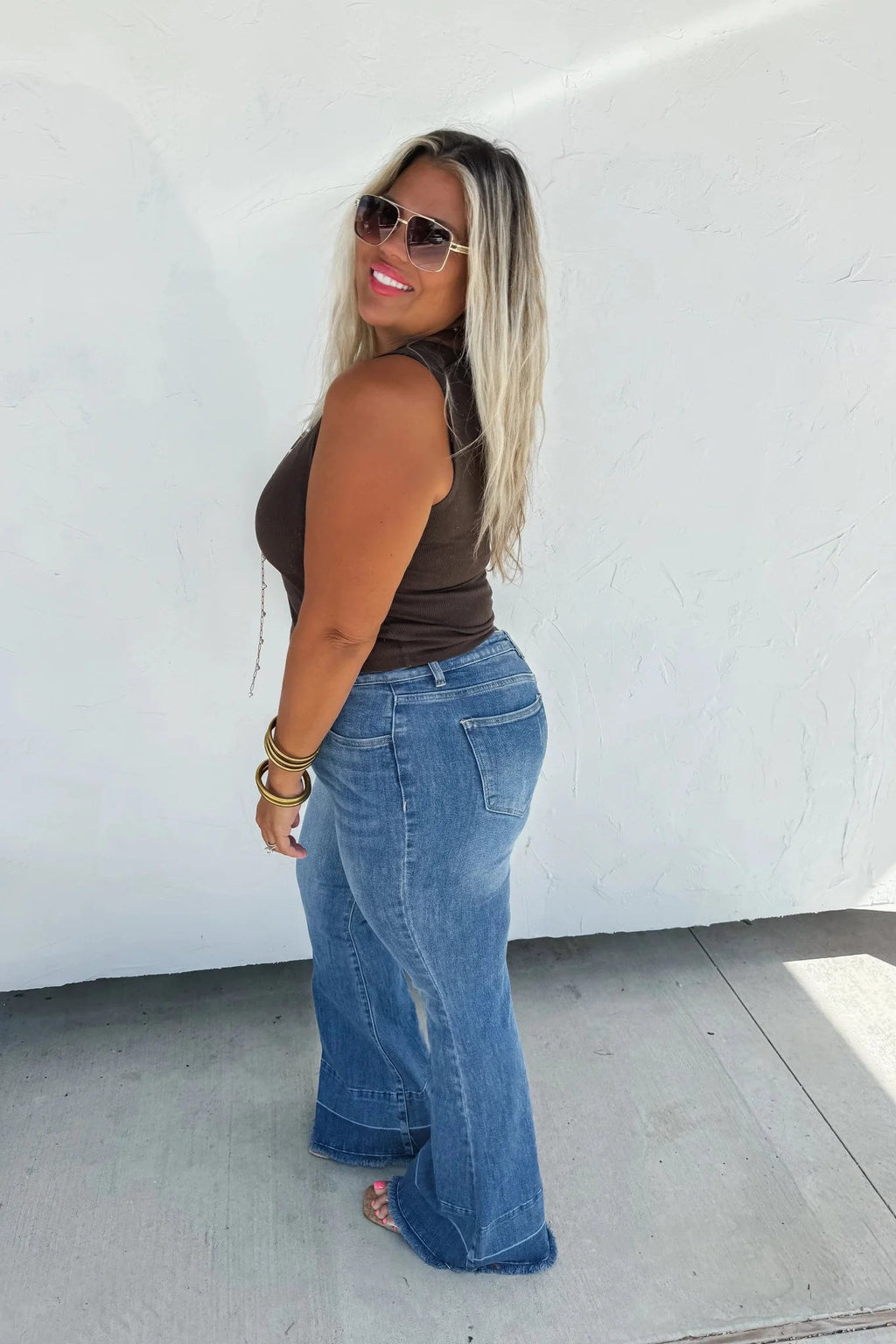 Blakeley "Romi" Medium Wash Tummy Control Panel Western Flare Jeans — Non-Distressed with Raw Shadow Hem (Size 9 and 13 available) - Rooted & Reckless Co.