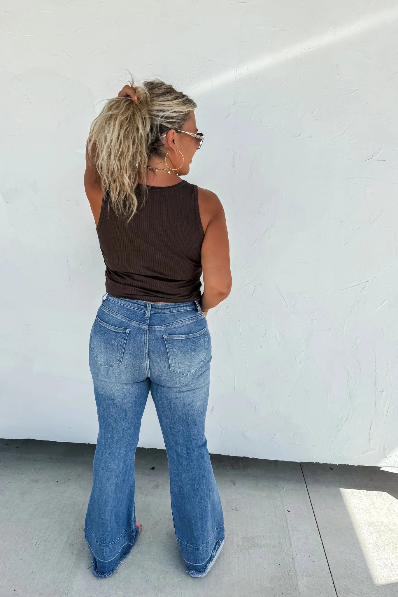 Blakeley "Romi" Medium Wash Tummy Control Panel Western Flare Jeans — Non-Distressed with Raw Shadow Hem (Size 9 and 13 available) - Rooted & Reckless Co.